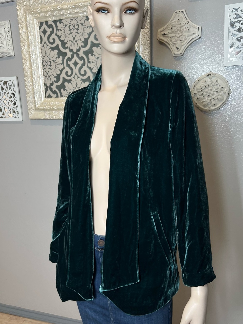 Eileen Fisher Dark emerald forest Green Velvet Open-Front Blazer